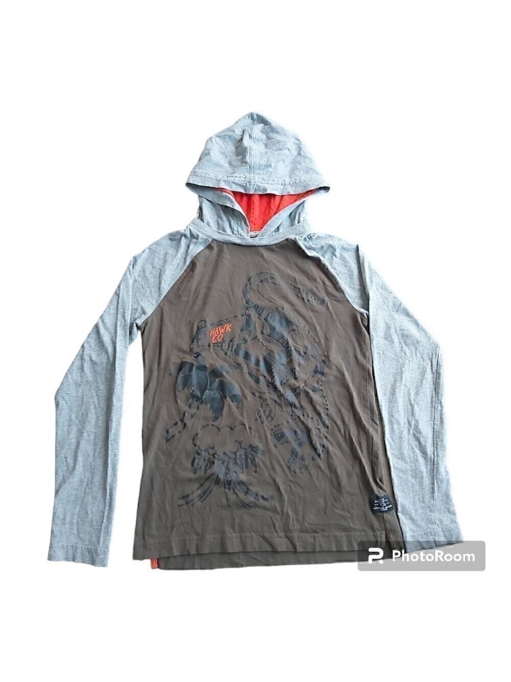 TONY Hawk Boys Large (10-12) Long Sleeved Grey/Army Green Dinosaur Shirt Hoodie